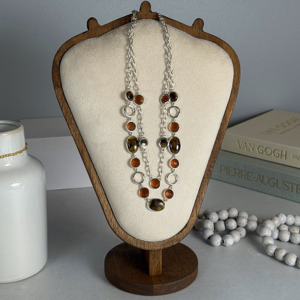 VTG 1980s Monet Earth-Tones Marbled & Faceted Bead 16" Double Strand Necklace